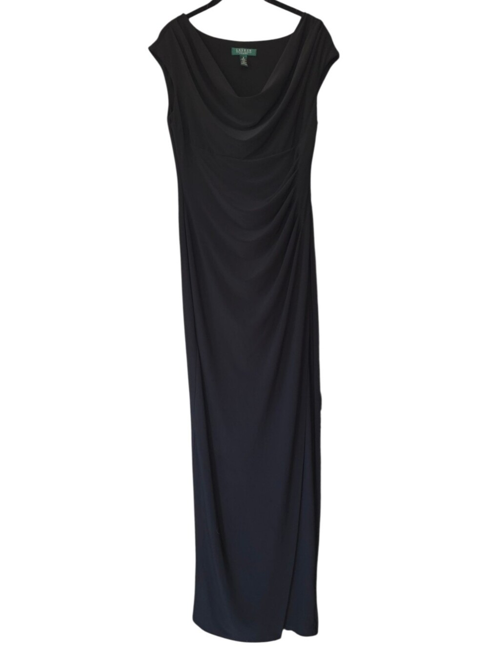 Lauren Ralph Lauren Evening Black Draped Cowl Neck Double Slit Maxi Gown Size 8